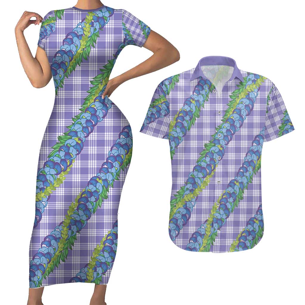 Hawaii Jade Vine Lei Couples Matching Short Sleeve Bodycon Dress and Hawaiian Shirt Aloha Palaka Motif - Purple - Polynesian Pride