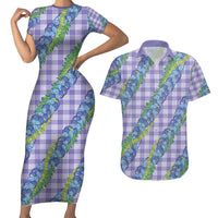 Hawaii Jade Vine Lei Couples Matching Short Sleeve Bodycon Dress and Hawaiian Shirt Aloha Palaka Motif - Purple - Polynesian Pride