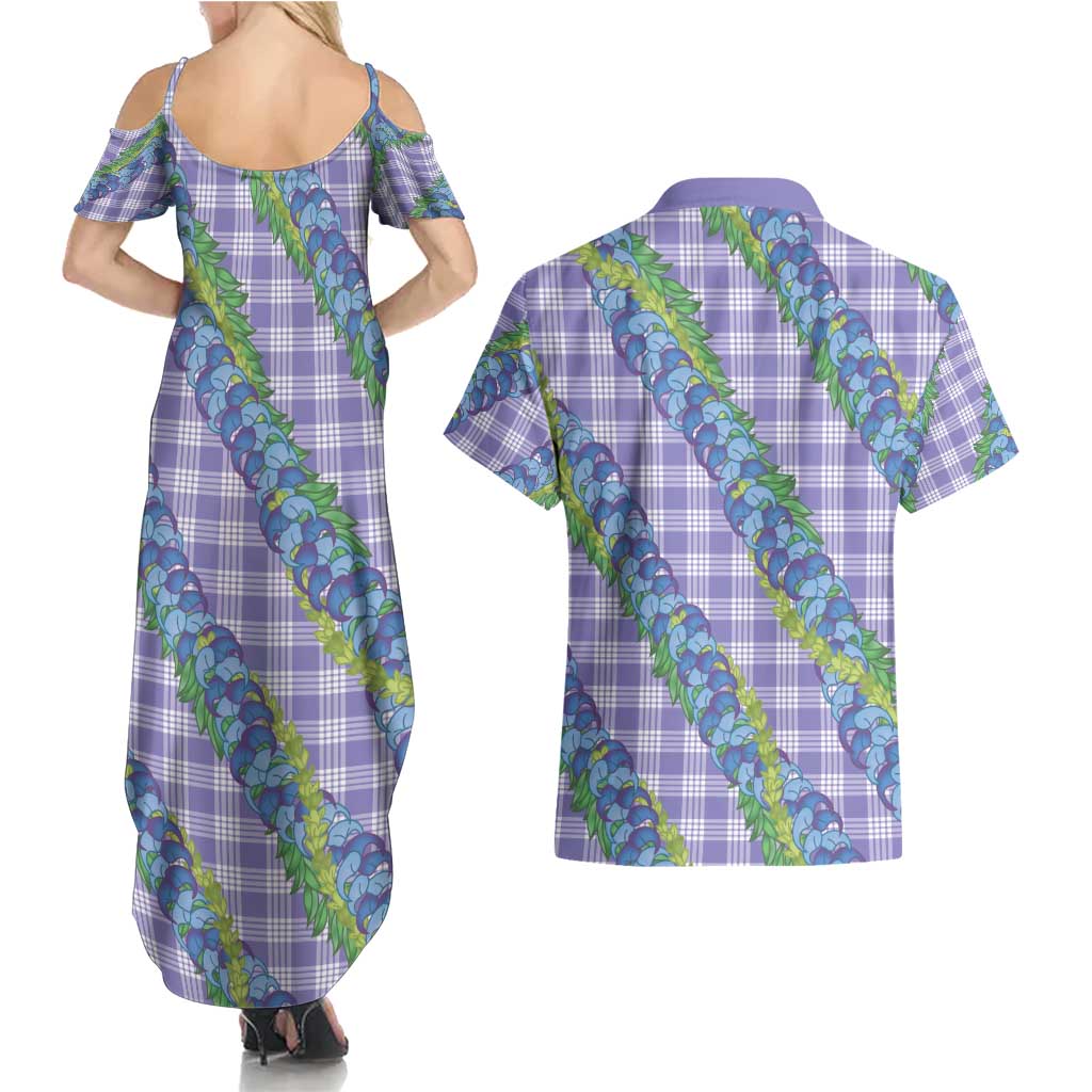 Hawaii Jade Vine Lei Couples Matching Summer Maxi Dress and Hawaiian Shirt Aloha Palaka Motif - Purple - Polynesian Pride