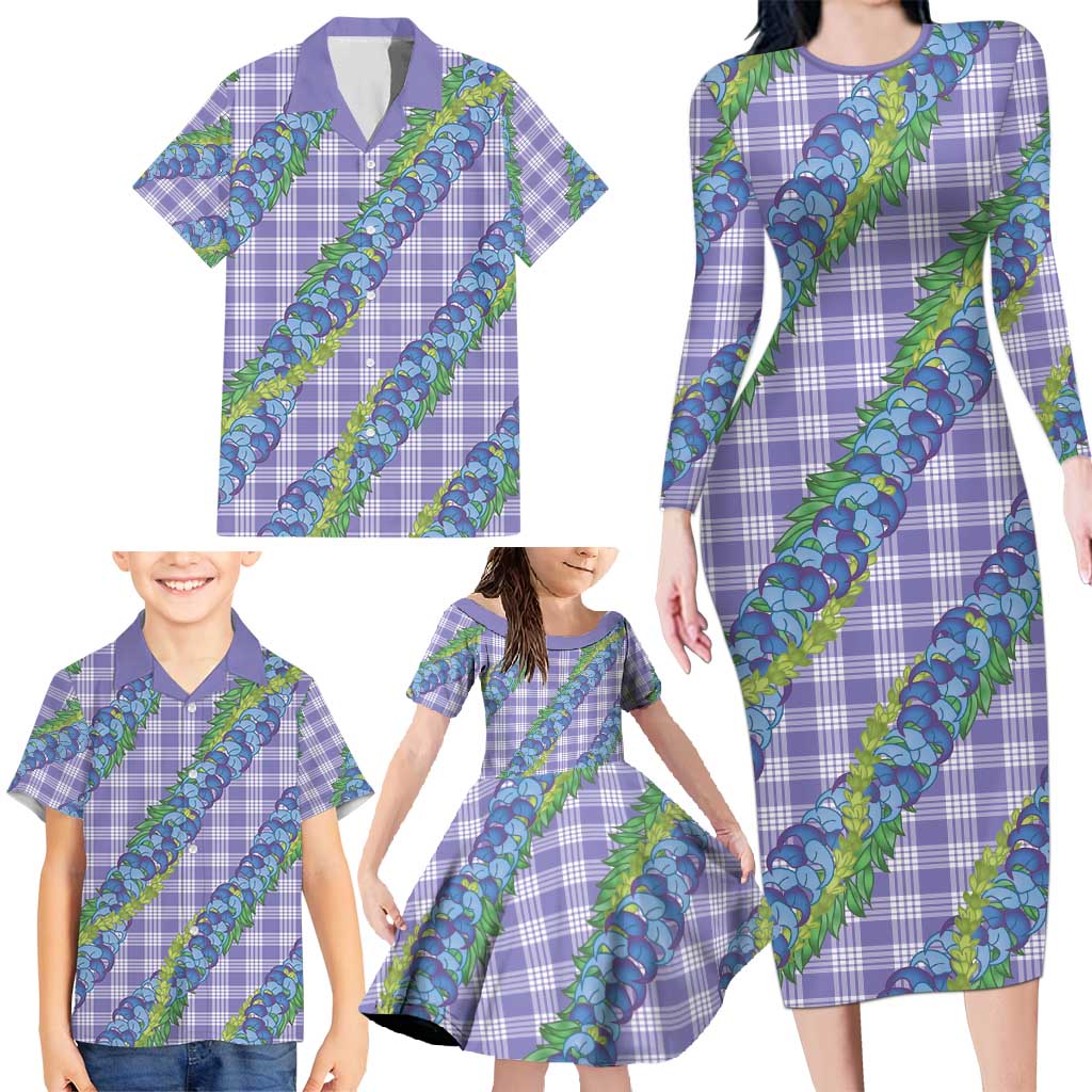 Hawaii Jade Vine Lei Family Matching Long Sleeve Bodycon Dress and Hawaiian Shirt Aloha Palaka Motif - Purple - Polynesian Pride