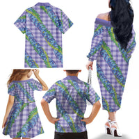 Hawaii Jade Vine Lei Family Matching Off The Shoulder Long Sleeve Dress and Hawaiian Shirt Aloha Palaka Motif - Purple - Polynesian Pride