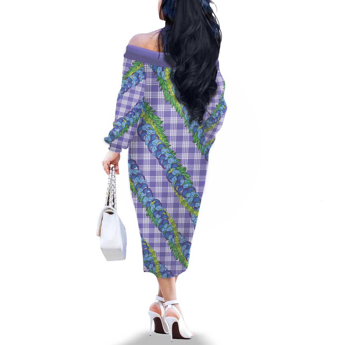 Hawaii Jade Vine Lei Family Matching Off The Shoulder Long Sleeve Dress and Hawaiian Shirt Aloha Palaka Motif - Purple - Polynesian Pride
