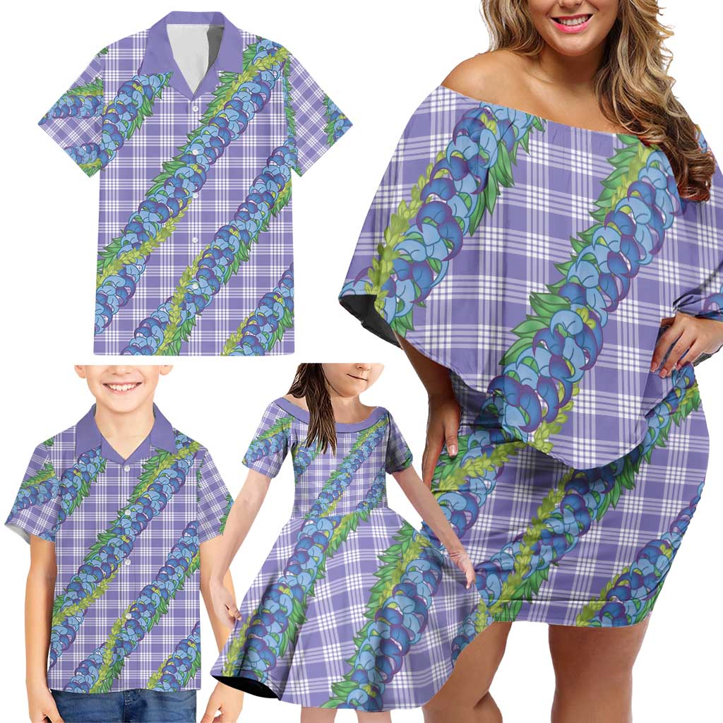 Hawaii Jade Vine Lei Family Matching Off Shoulder Short Dress and Hawaiian Shirt Aloha Palaka Motif - Purple - Polynesian Pride