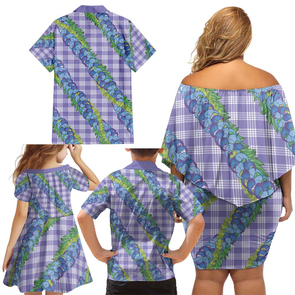 Hawaii Jade Vine Lei Family Matching Off Shoulder Short Dress and Hawaiian Shirt Aloha Palaka Motif - Purple - Polynesian Pride