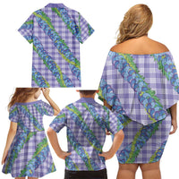 Hawaii Jade Vine Lei Family Matching Off Shoulder Short Dress and Hawaiian Shirt Aloha Palaka Motif - Purple - Polynesian Pride