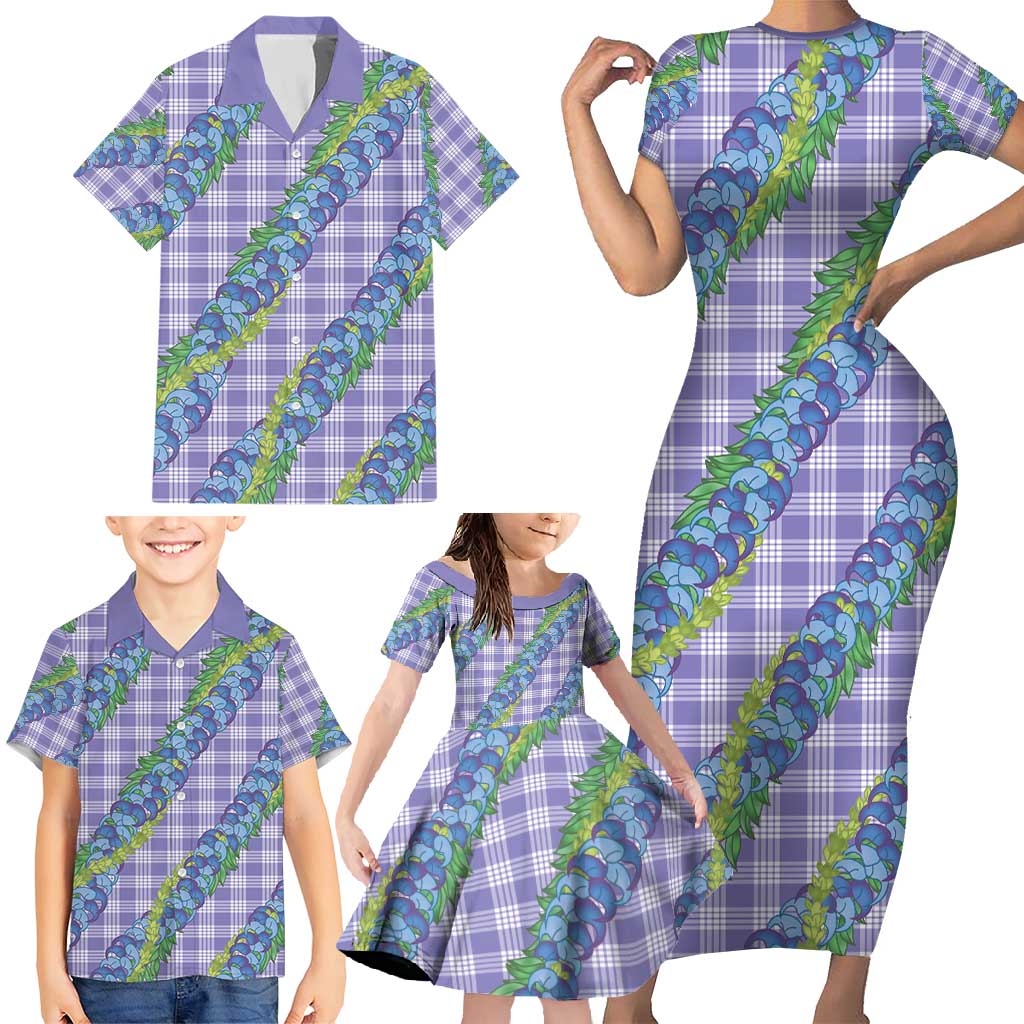 Hawaii Jade Vine Lei Family Matching Short Sleeve Bodycon Dress and Hawaiian Shirt Aloha Palaka Motif - Purple - Polynesian Pride