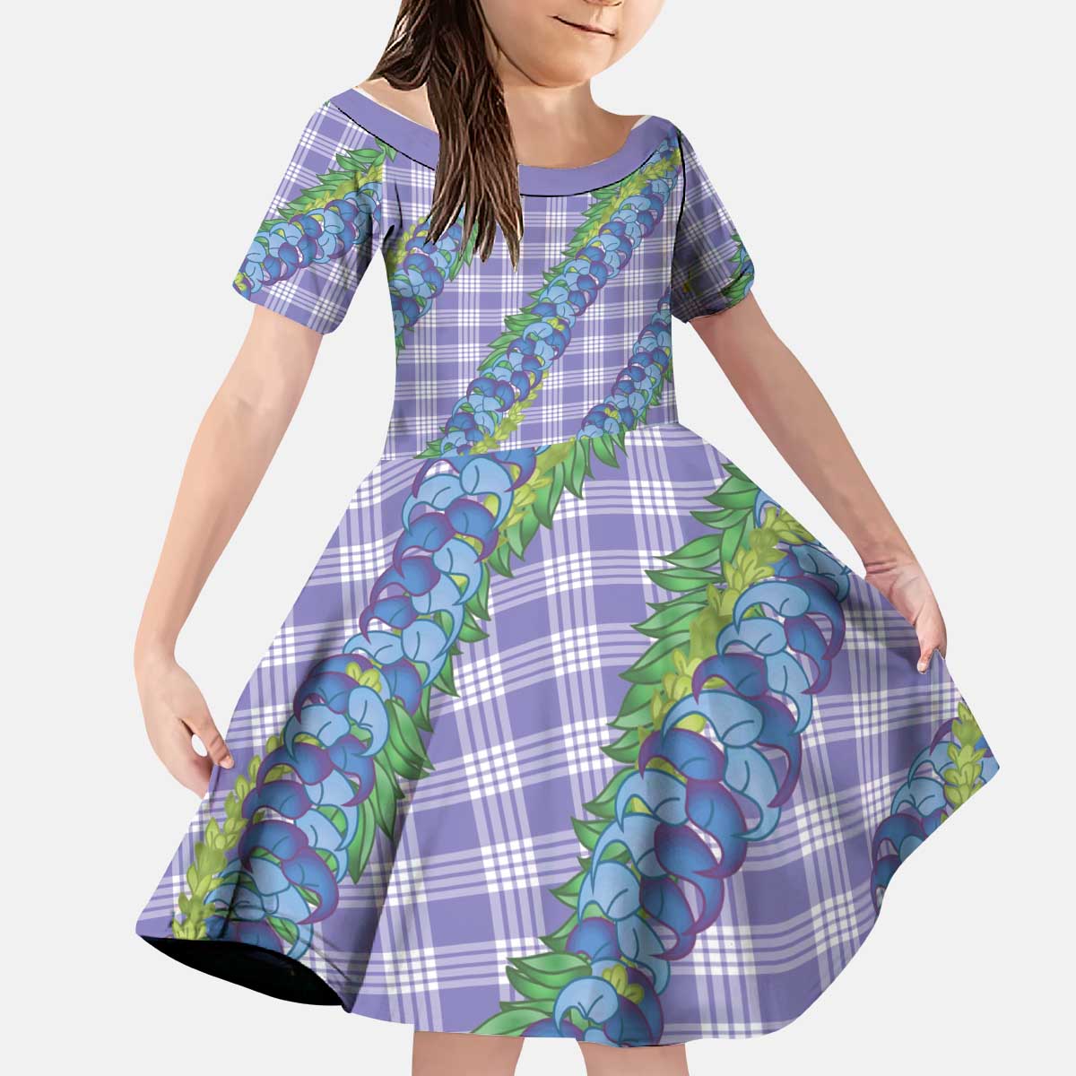 Hawaii Jade Vine Lei Kid Short Sleeve Dress Aloha Palaka Motif - Purple - Polynesian Pride