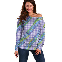 Hawaii Jade Vine Lei Off Shoulder Sweater Aloha Palaka Motif - Purple - Polynesian Pride