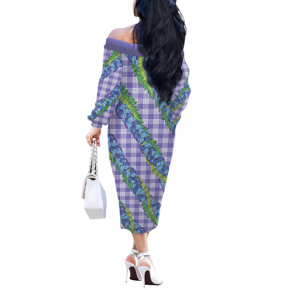 Hawaii Jade Vine Lei Off The Shoulder Long Sleeve Dress Aloha Palaka Motif - Purple - Polynesian Pride