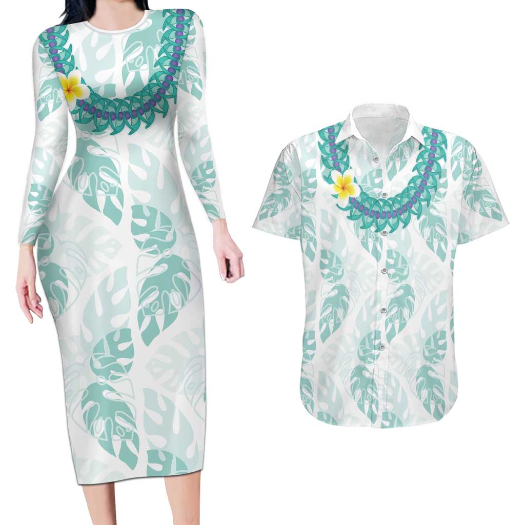 Jade Vine Lei Hawaii Couples Matching Long Sleeve Bodycon Dress and Hawaiian Shirt Aloha Seamless Tropical Leaves - Polynesian Pride