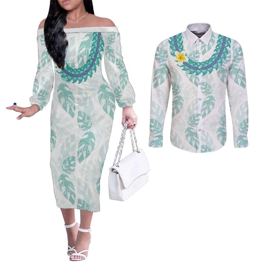 Jade Vine Lei Hawaii Couples Matching Off The Shoulder Long Sleeve Dress and Long Sleeve Button Shirt Aloha Seamless Tropical Leaves - Polynesian Pride
