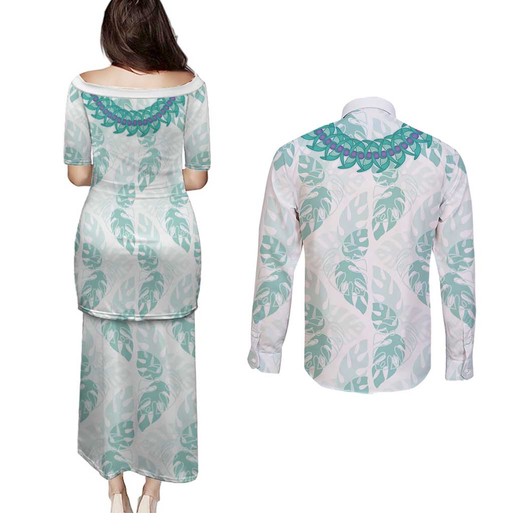 Jade Vine Lei Hawaii Couples Matching Puletasi and Long Sleeve Button Shirt Aloha Seamless Tropical Leaves LT14 - Polynesian Pride