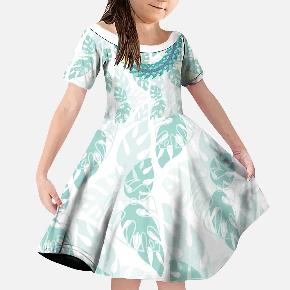 Jade Vine Lei Hawaii Kid Short Sleeve Dress Aloha Seamless Tropical Leaves - Polynesian Pride