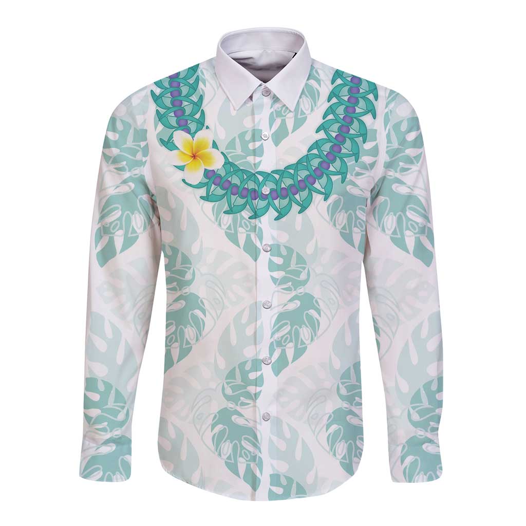 Jade Vine Lei Hawaii Long Sleeve Button Shirt Aloha Seamless Tropical Leaves LT14 Unisex White - Polynesian Pride