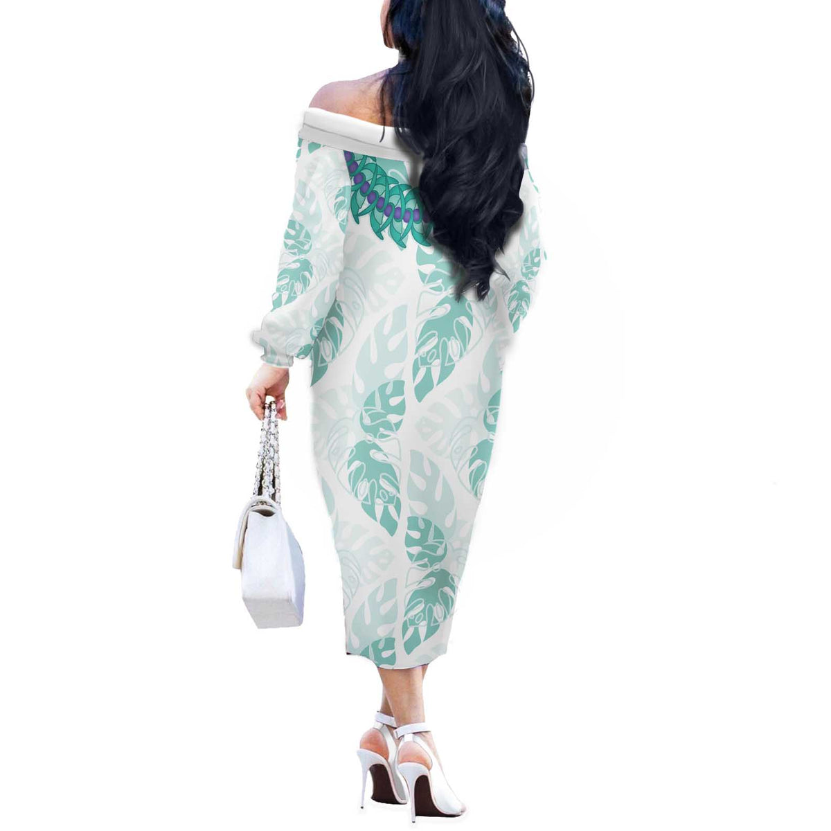 Jade Vine Lei Hawaii Off The Shoulder Long Sleeve Dress Aloha Seamless Tropical Leaves - Polynesian Pride