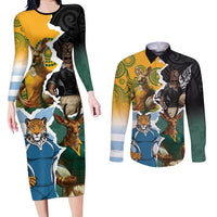 Personalised Rugby 2025 Championship Couples Matching Long Sleeve Bodycon Dress and Long Sleeve Button Shirt Southern Hemisphere Countries Mascots - Polynesian Pride
