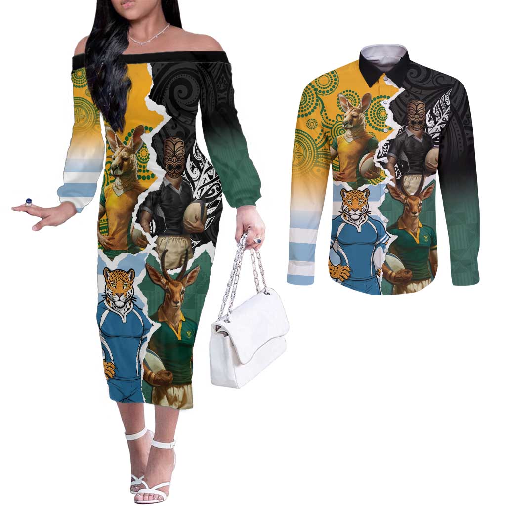 Personalised Rugby 2025 Championship Couples Matching Off The Shoulder Long Sleeve Dress and Long Sleeve Button Shirt Southern Hemisphere Countries Mascots - Polynesian Pride