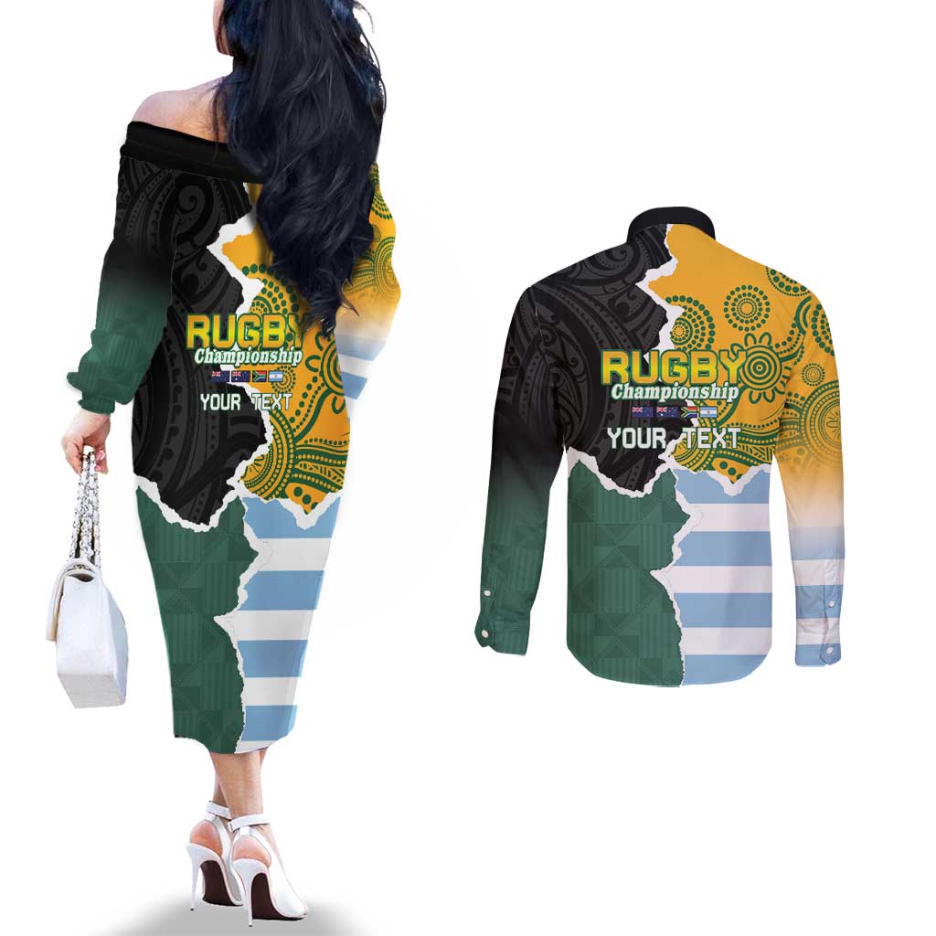 Personalised Rugby 2025 Championship Couples Matching Off The Shoulder Long Sleeve Dress and Long Sleeve Button Shirt Southern Hemisphere Countries Mascots - Polynesian Pride