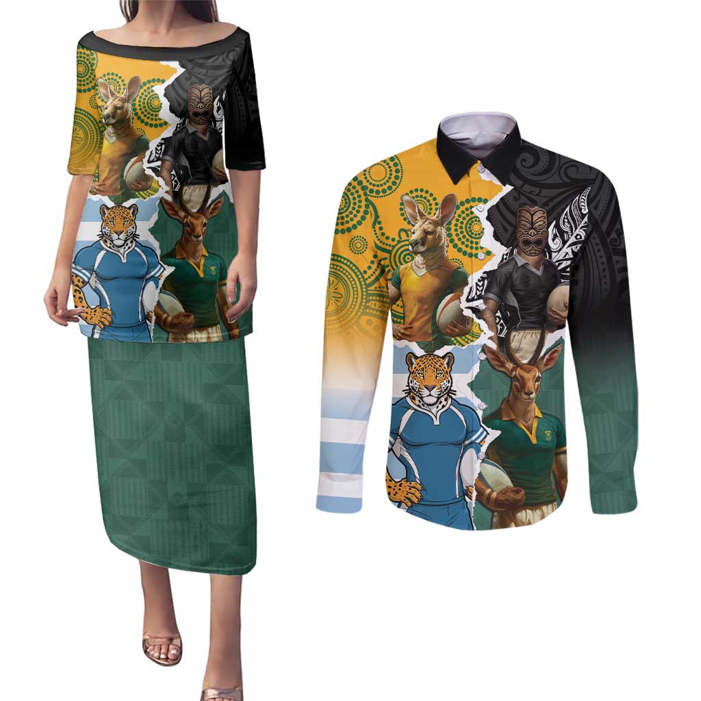 Personalised Rugby 2025 Championship Couples Matching Puletasi and Long Sleeve Button Shirt Southern Hemisphere Countries Mascots LT14 Black - Polynesian Pride