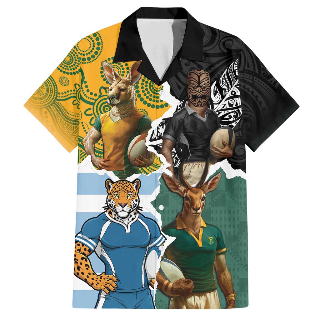 Personalised Rugby 2025 Championship Family Matching Long Sleeve Bodycon Dress and Hawaiian Shirt Southern Hemisphere Countries Mascots - Polynesian Pride