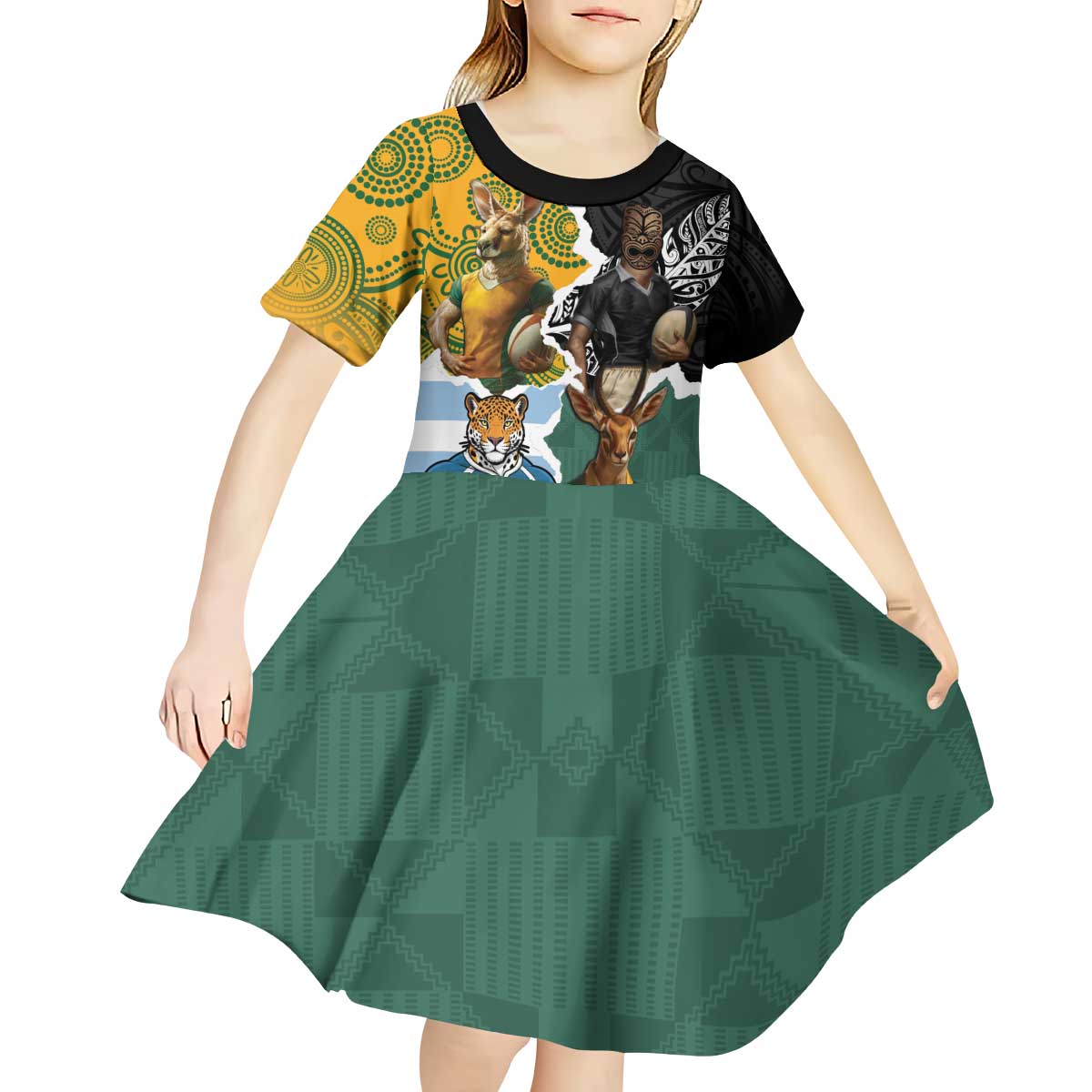 Personalised Rugby 2025 Championship Kid Short Sleeve Dress Southern Hemisphere Countries Mascots - Polynesian Pride