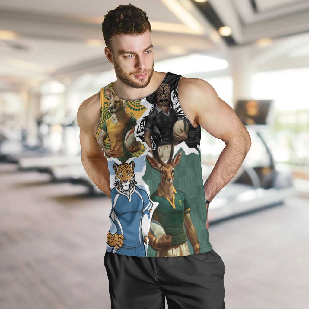 Personalised Rugby 2025 Championship Men Tank Top Southern Hemisphere Countries Mascots LT14 Black - Polynesian Pride