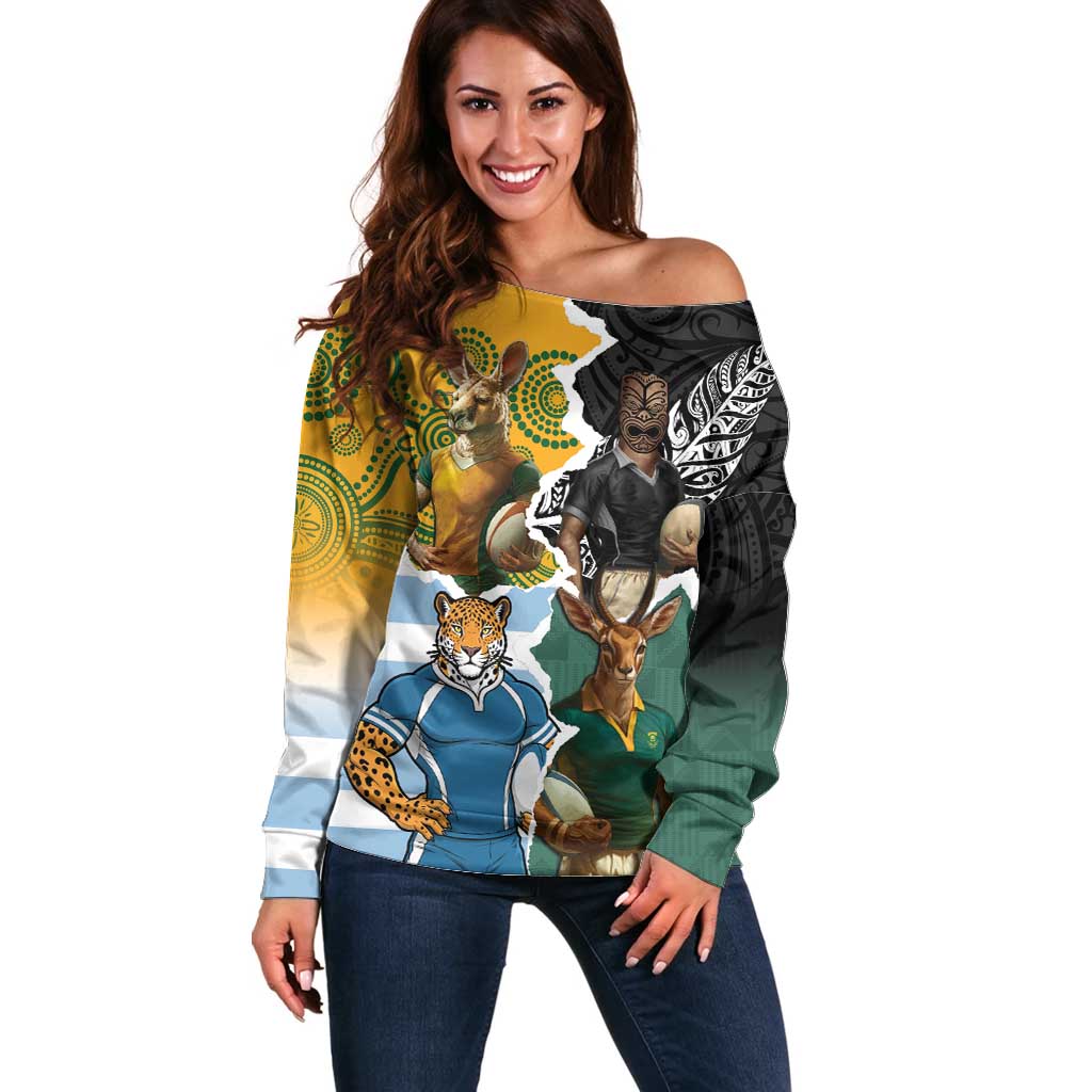 Personalised Rugby 2025 Championship Off Shoulder Sweater Southern Hemisphere Countries Mascots - Polynesian Pride