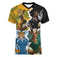 Personalised Rugby 2025 Championship Women V-Neck T-Shirt Southern Hemisphere Countries Mascots - Polynesian Pride