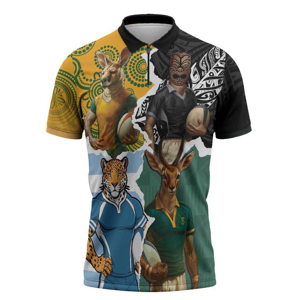 Personalised Rugby 2025 Championship Zipper Polo Shirt Southern Hemisphere Countries Mascots LT14 Black - Polynesian Pride