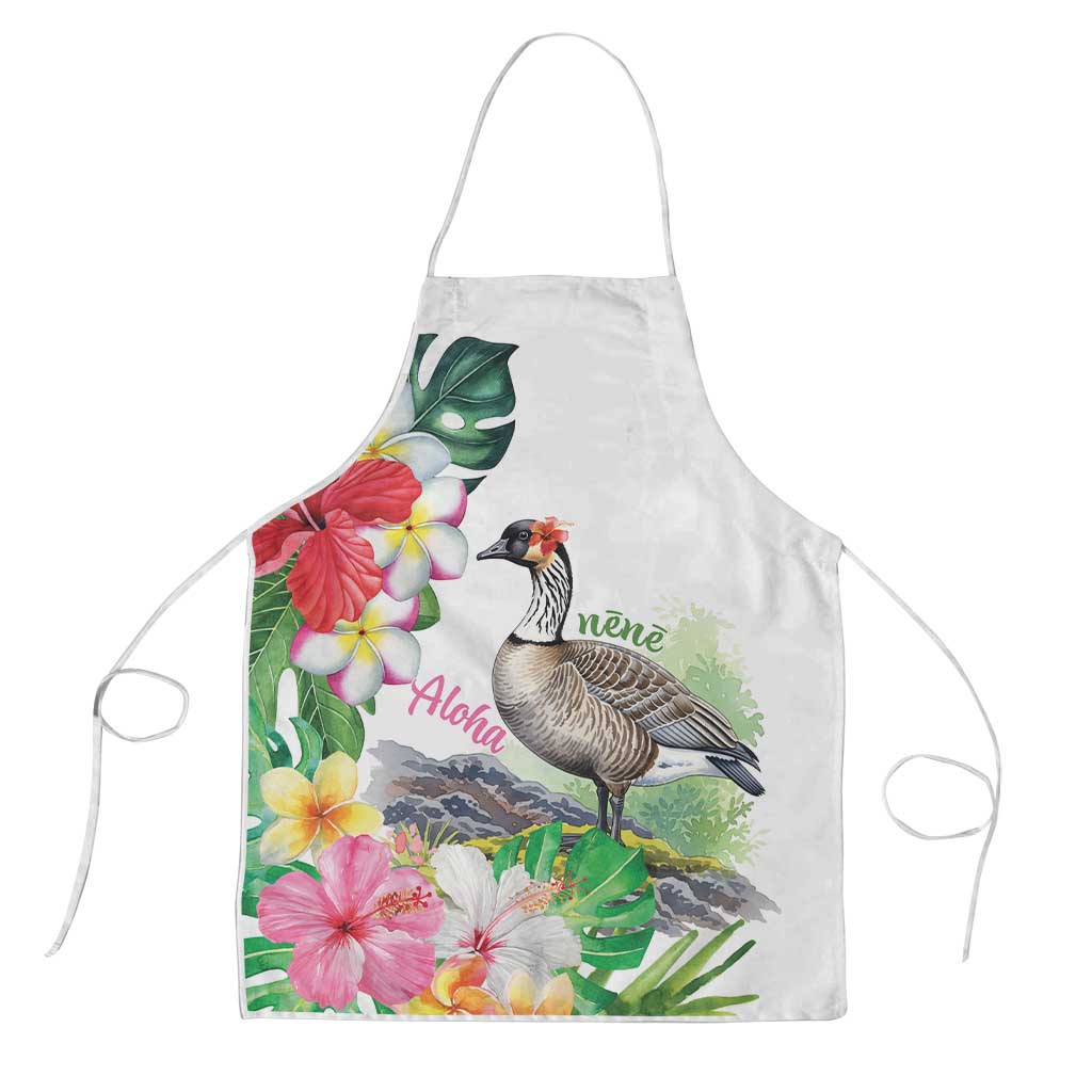 Aloha Hawaii Nene Goose Apron Tropical Flowers Watercolor Stylized LT14 White - Polynesian Pride
