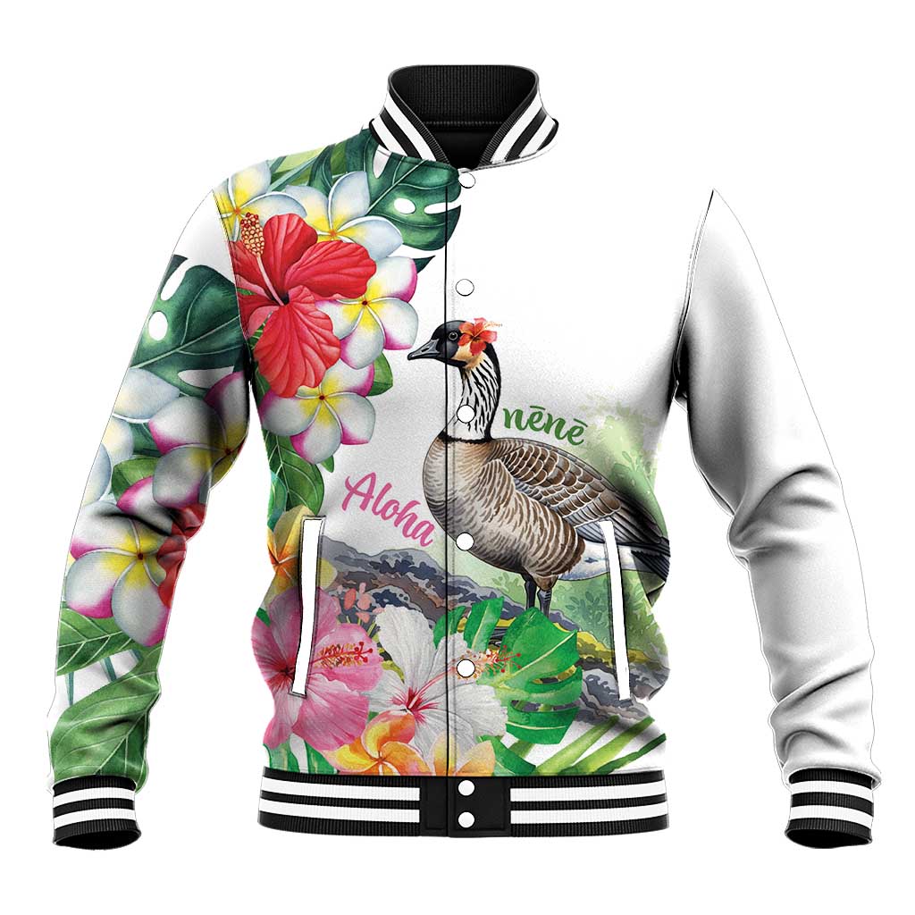 Aloha Hawaii Nene Goose Baseball Jacket Tropical Flowers Watercolor Stylized LT14 Unisex White - Polynesian Pride