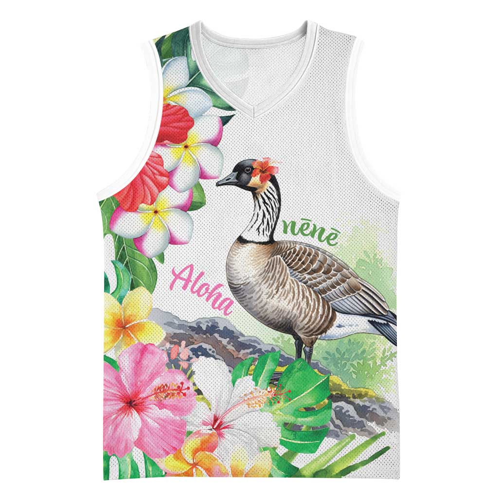 Aloha Hawaii Nene Goose Basketball Jersey Tropical Flowers Watercolor Stylized LT14 Unisex White - Polynesian Pride