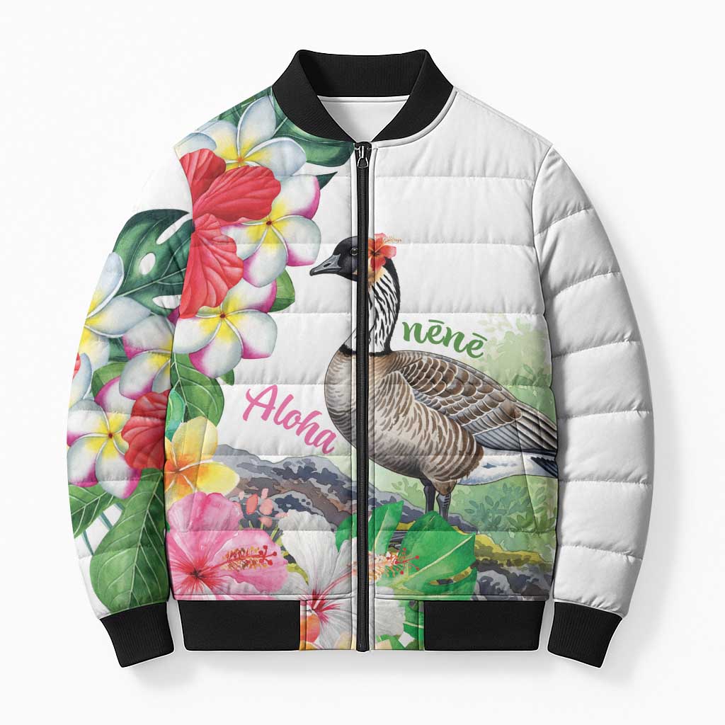 Aloha Hawaii Nene Goose Bomber Puffer Jacket Tropical Flowers Watercolor Stylized LT14 Unisex White - Polynesian Pride