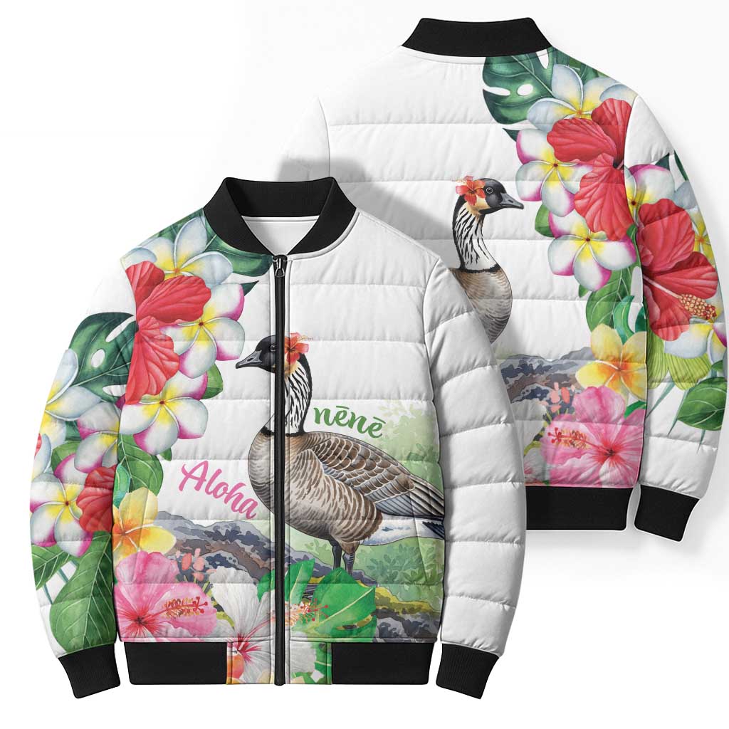 Aloha Hawaii Nene Goose Bomber Puffer Jacket Tropical Flowers Watercolor Stylized LT14 - Polynesian Pride