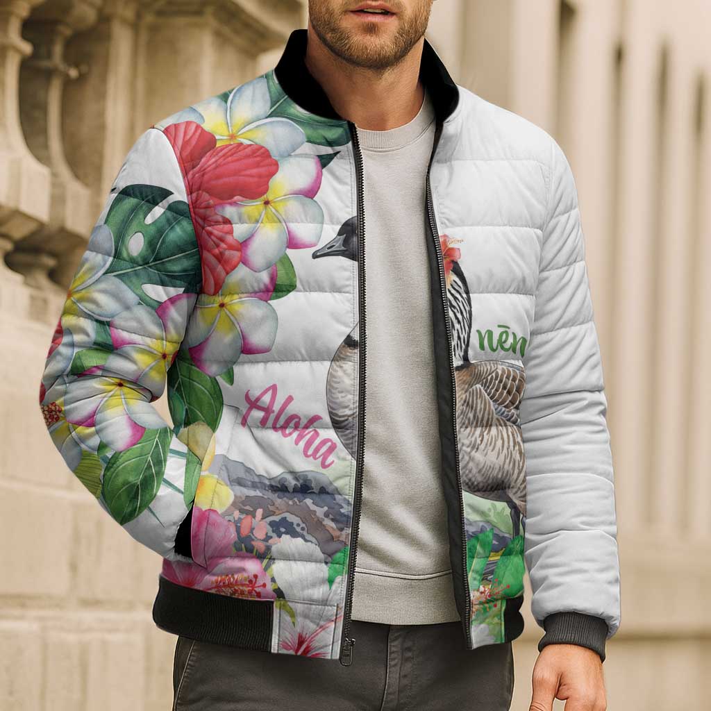 Aloha Hawaii Nene Goose Bomber Puffer Jacket Tropical Flowers Watercolor Stylized LT14 - Polynesian Pride