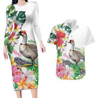 Aloha Hawaii Nene Goose Couples Matching Long Sleeve Bodycon Dress and Hawaiian Shirt Tropical Flowers Watercolor Stylized - Polynesian Pride