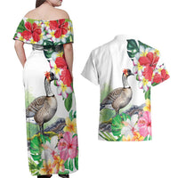 Aloha Hawaii Nene Goose Couples Matching Off Shoulder Maxi Dress and Hawaiian Shirt Tropical Flowers Watercolor Stylized - Polynesian Pride
