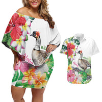 Aloha Hawaii Nene Goose Couples Matching Off Shoulder Short Dress and Hawaiian Shirt Tropical Flowers Watercolor Stylized - Polynesian Pride