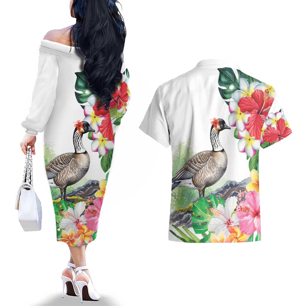 Aloha Hawaii Nene Goose Couples Matching Off The Shoulder Long Sleeve Dress and Hawaiian Shirt Tropical Flowers Watercolor Stylized - Polynesian Pride