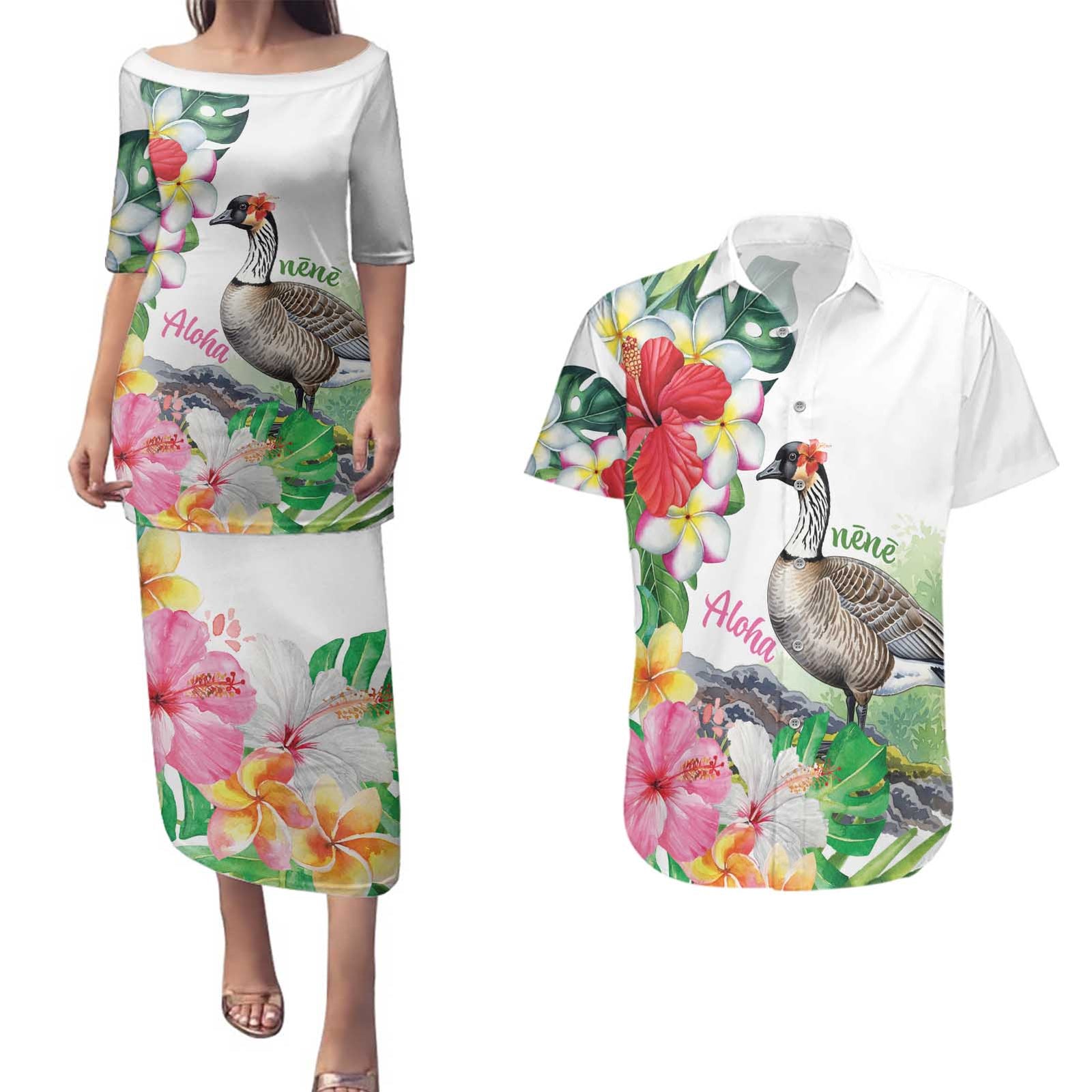 Aloha Hawaii Nene Goose Couples Matching Puletasi and Hawaiian Shirt Tropical Flowers Watercolor Stylized LT14 White - Polynesian Pride