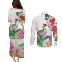 Aloha Hawaii Nene Goose Couples Matching Puletasi and Long Sleeve Button Shirt Tropical Flowers Watercolor Stylized LT14 - Polynesian Pride