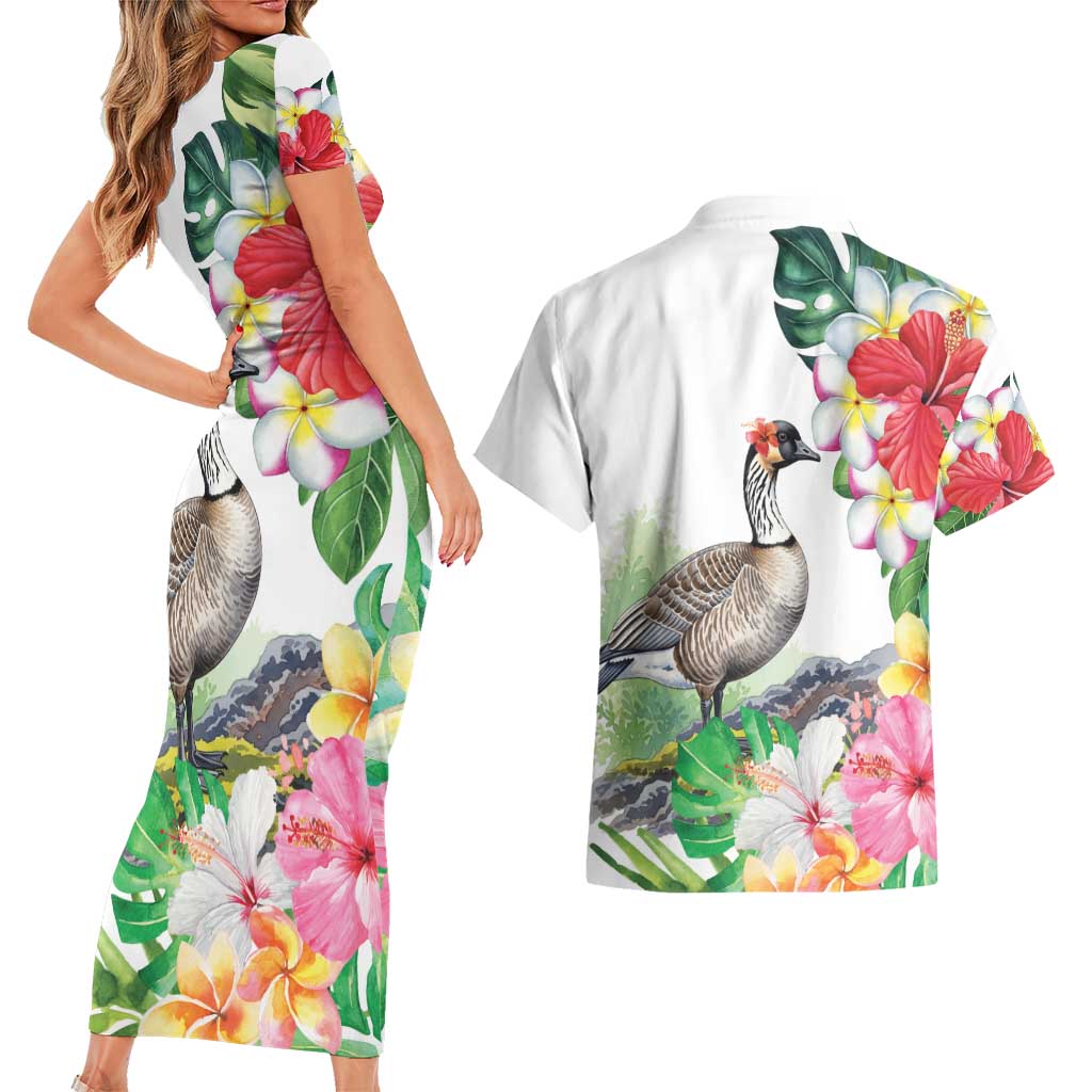 Aloha Hawaii Nene Goose Couples Matching Short Sleeve Bodycon Dress and Hawaiian Shirt Tropical Flowers Watercolor Stylized - Polynesian Pride