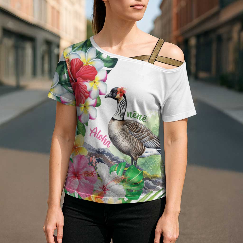 Aloha Hawaii Nene Goose Cross Shoulder Shirt Tropical Flowers Watercolor Stylized LT14 - Polynesian Pride