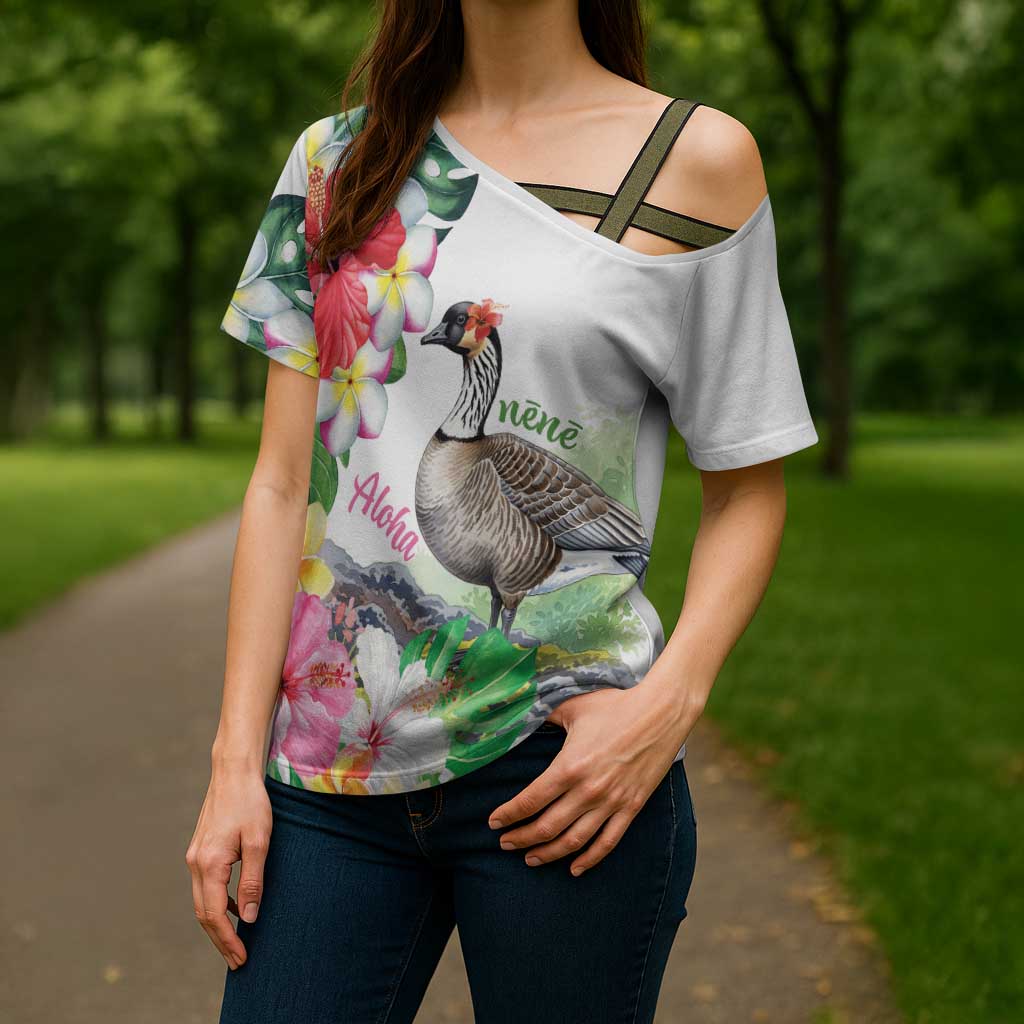 Aloha Hawaii Nene Goose Cross Shoulder Shirt Tropical Flowers Watercolor Stylized LT14 - Polynesian Pride