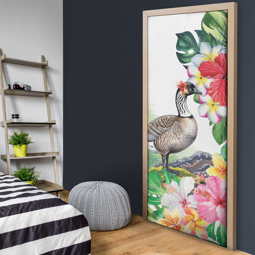 Aloha Hawaii Nene Goose Door Cover Tropical Flowers Watercolor Stylized - Polynesian Pride