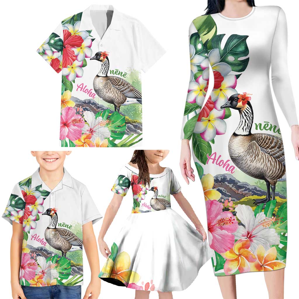 Aloha Hawaii Nene Goose Family Matching Long Sleeve Bodycon Dress and Hawaiian Shirt Tropical Flowers Watercolor Stylized - Polynesian Pride