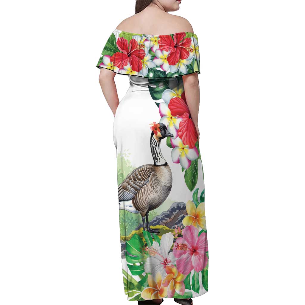 Aloha Hawaii Nene Goose Family Matching Off Shoulder Maxi Dress and Hawaiian Shirt Tropical Flowers Watercolor Stylized - Polynesian Pride