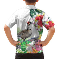 Aloha Hawaii Nene Goose Family Matching Off Shoulder Short Dress and Hawaiian Shirt Tropical Flowers Watercolor Stylized - Polynesian Pride