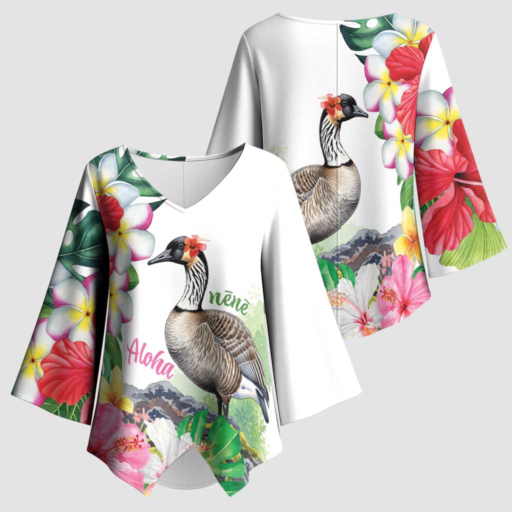 Aloha Hawaii Nene Goose Kimono Sleeve Blouse Tropical Flowers Watercolor Stylized - Polynesian Pride