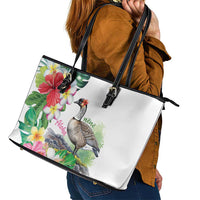 Aloha Hawaii Nene Goose Leather Tote Bag Tropical Flowers Watercolor Stylized - Polynesian Pride